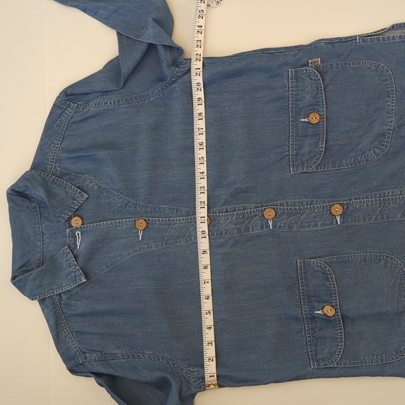 AKS for Nordstrom Tencel Lyocell Button Up Denim Look Coat M Blue Pockets AmyKSu - Picture 15 of 16